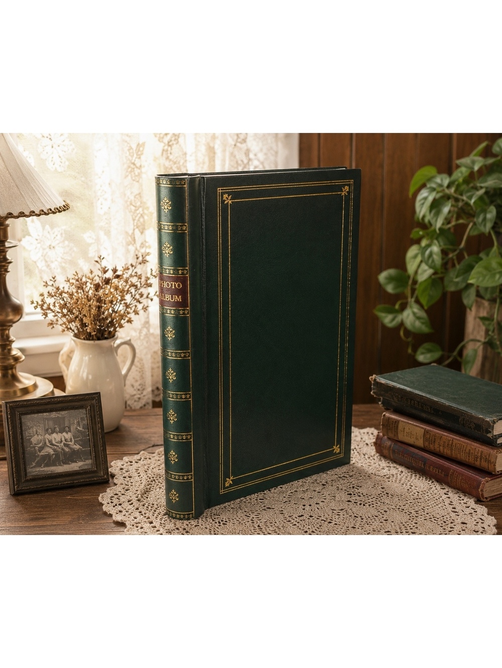 Vintage Green Faux Leather Photo Album Gold Embossed 4x6 Picture Organizer